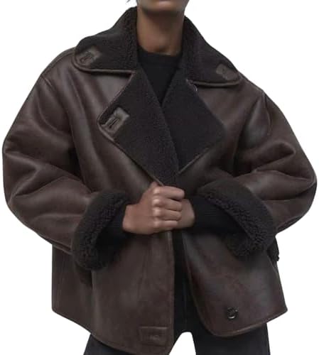 chouyatou Women's Winter Sherpa Lined Faux Leather Jacket Casual