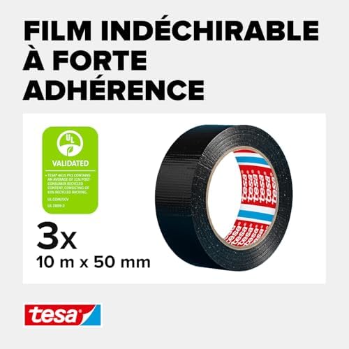 extra Power Universal Ruban Adhésif Toile - Tenue extra forte - Duct Tape pour les Réparations, la Fixation, l'Étanchéité et plus Encore - Noir - 3 Rouleau - 10 m x 50 mm