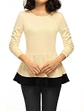 Allegra K Women Long Sleeves Color Block Ruffled Peplum Blouse Beige XL