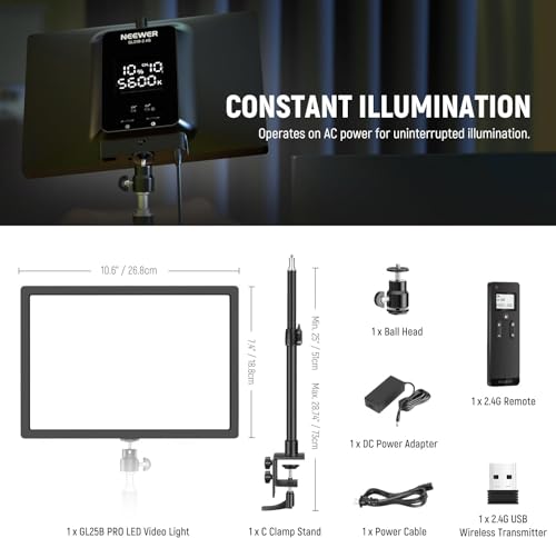 NEEWER GL25B 12.9" Streaming Key Light, 2.4G RT100 Remote & PC/Mac APP Control 25W 2300Lux/0.5m 2900K–7000K CRI98+ Dimmable Edge Emitting Silent Webcam Video Light with Desk Stand & USB Transmitter