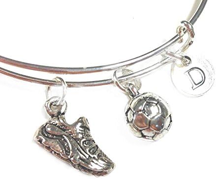 Sport Shoe &amp; Soccer Ball Expandable Bangle Personalized Initial Bracelet