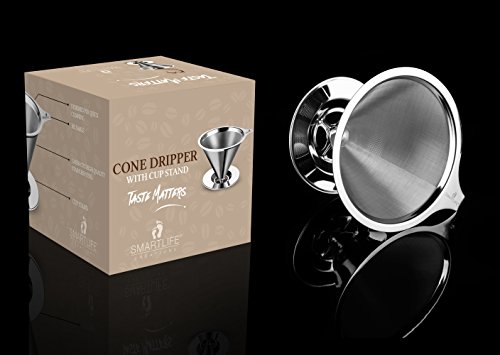 SmartLife 18/8 Stainless Steel Reusable Cone Coffee Filter with Cup Stand and Measuring Spoon