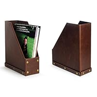 HofferRuffer Antique Magazine Holder, Magazine Rack, Desktop Organizer for Document File Folder, Great for Table, Reception Desk, Home or Office, 4.5 x 10 x 12 inches, Brown PU Leather