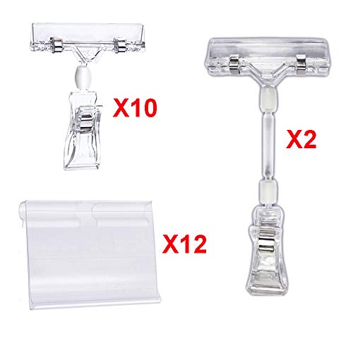 Y-Axis 24 Pack Clear Plastic Rotate POP Clip-on Style Merchandise Sign Display Clip Tag Holders (12 Pack) + Wire Shelf Retail Label Holders (12 Pack)