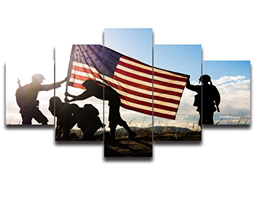 5 Panel Canvas USA Flag Background Military Family American Flag Wall Art Painting Modern Posters and Prints Pictures for Living Room, Home Decor Gallery-wrapped Set 5 Piece Framed(60''W x 32''H)