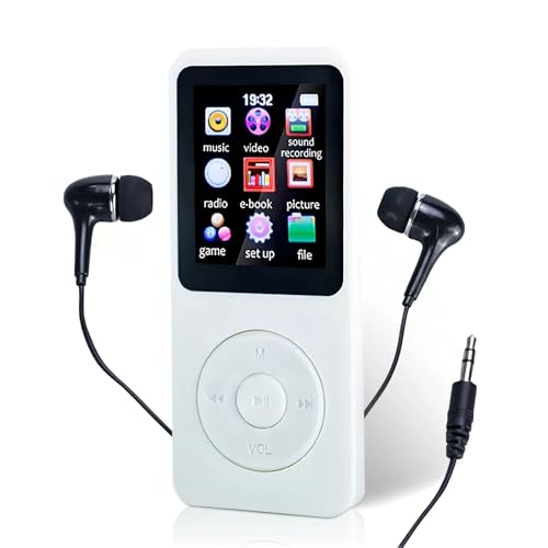 MP3 Player Portátil Reprodutor de Música, Ultrafino MP3 Player Bluetooth Gravador de Voz Reprodução de Vídeo, Suporte Cartao de Memoria de Até 128 GB (Branco)