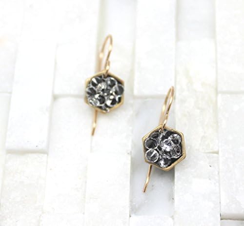 Tiny black drop Hexagon geometric Earrings gold