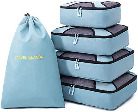 Belsmi 5 Set Packing Cubes - Waterproof Travel Luggage Organizer with Laundry Bag (5pcs Sky Blue)