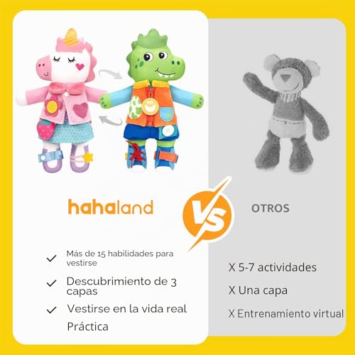 hahaland Montessori Plush Doll, 2 in 1 Dino & Unicorns Plush for Girls 1 2 3 Years Old Interactive Dress Up Toys Gift Boys Girls 2 3 4 Years Old