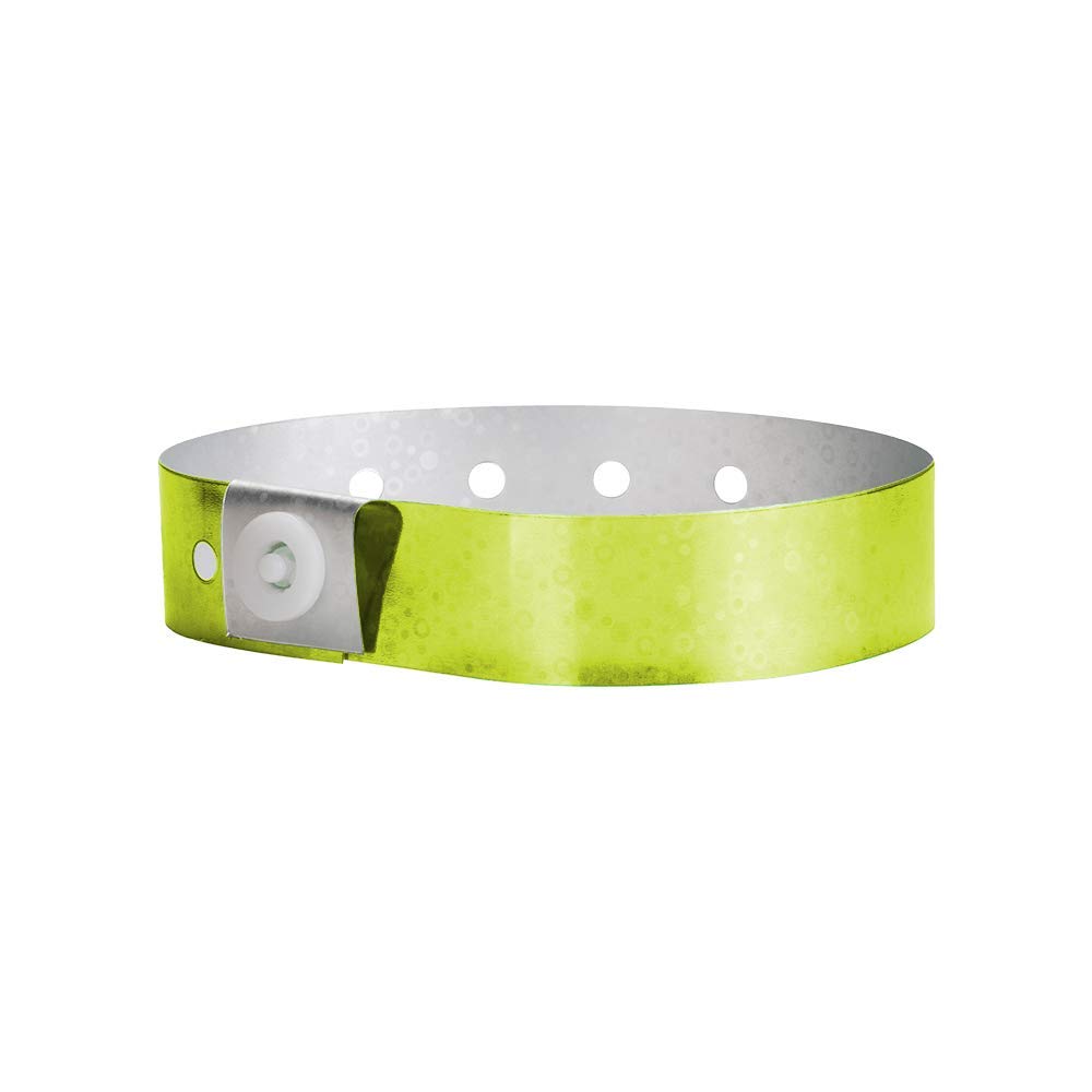 100 WristCo Yellow Holographic Plastic Wristbands for Events – Extended Wear, Glowing Color Prevents Reuse – Premium-Grade Bracelets for Hospital & Medical ID, Party & VIP Identification