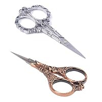 BIHRTC 2 Pairs Sewing Scissors Vintage European Style Flower Pattern Needlework Embroidery Stainless Steel Scissors Tailor Craft Scissors (Copper+Silver)