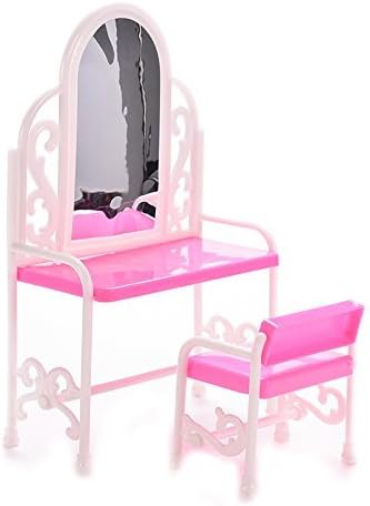 Dollhouse Furniture Dressing Table and Chair for Barbies Dolls Bedroom Furniture (Pink)