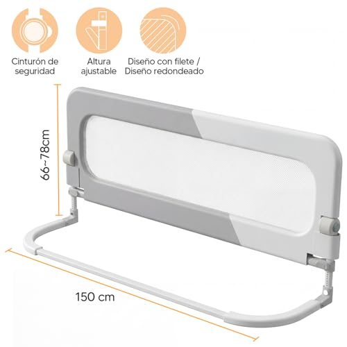 Garselay Barandilla para Cama de 1.5M，barandales para Cama Plegable，Altura Ajustable （66-78cm），Base en Forma de U y Correa de Fijación，para Todo Tipo de Colchones
