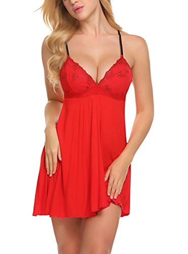ADOME Womens V Neck Sleeveless Nightgown Sleepwear Slip Night Dress Red