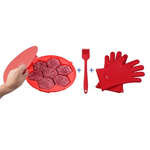 KitchenFirst Premium 7 In 1 Burger Press/Patty Maker & Freezer Container Made Of BPA Free Food Grade Silicone-nonstick Mold For Quarter Pound Patty With FREE Silicone Barbecue Gloves And Basting Brush