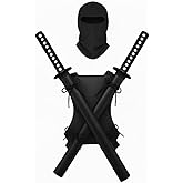 FMP 888 Sword Back Holster, 2 Light up Swords with Clanging Sound, Black Leather Ninja Hero Sheath, Weapons Holder for Anime Halloween Costume- Warrior Cosplay - Complete with Balaclava, (Ninja Mask)