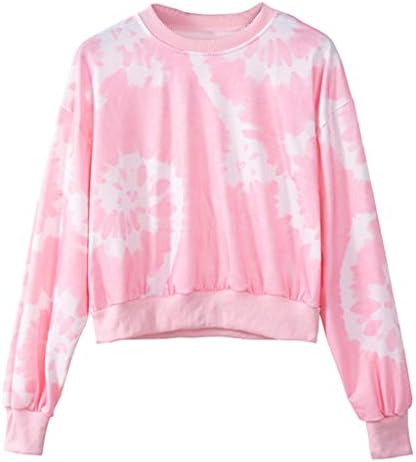 Rikay Womens Casual Long Sleeve Crewneck Sweatshirt Tie-dye Print Pullover Crop Tops Blouse Shirt Jumper Jacket Pink