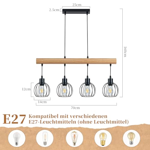 ZMH Vintage Hanging Lamp Wood 4 Bulbs - Pendant Light Dining Table in Industrial Design Black Retro Pendant Light Dining Table Lamp Height Adjustable for Dining Room Kitchen Living Room Bar (Light