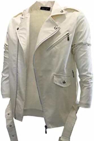 GenericMen Generic Men's Winter Lapel Belted Motorcycle Faux Leather PU Biker Jackets White XL
