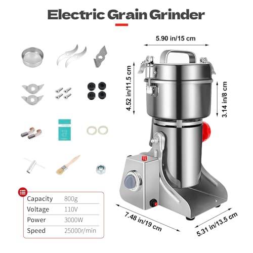 Carivia Molino de granos eléctrico 800g,Molino granos acero inoxidable 304,Molinos especias comerciales alta velocidad de 3000W para trigo seco, avena, maíz, pimienta y granos café