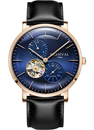 Swiss Brand Men Ultra Thin Watch Automatic Mechanical Skeleton 24-Hours Gold Stainless Steel Leather Band (Gold Blue)