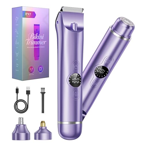 Bikini Trimmer for Women, 4 in 1 Electric Razors for Women - Dual Head, Wet & Dry Use Pubic Body Hair Trimmer Electric Shavers, Rechargeable Womens Facial Razors for Legs, Nose, Armpits, Bikini Area