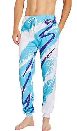 Loveternal Unisex 80's Graphic Joggers Paper Cup Sweatpants for Men Women Rock Tapered Sports Pants Teens Blue White Hip Hop Training Parachute Pants M
