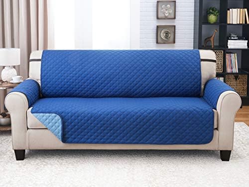 Couch Guard Sofa Cover, Slipcover, Furniture Protector. Shield & Protects from Dogs, Cats, Pets, Kids, Stains. Reversible, Quilted with Elastic Strap. Easy Wash & Dry. Navy & Light Blue