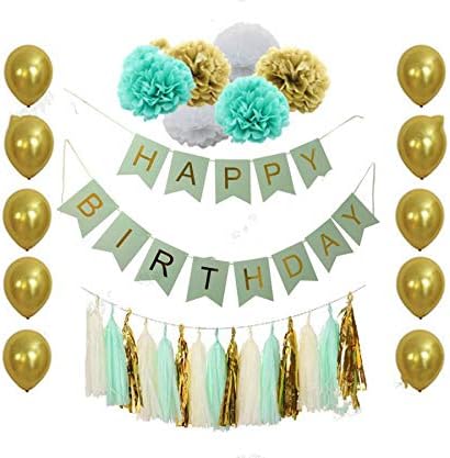 5 Set Pink White and Gold Paper Decorations Happy Birthday Banner Tissue Paper Tassel Garland Pom poms Flowers Balloon,Mint Gold