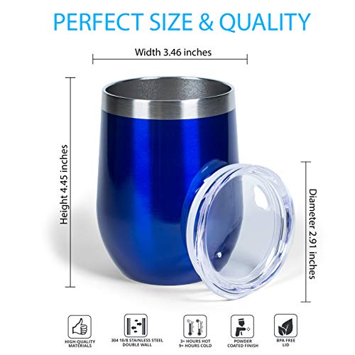 Luckti 12 oz Insulated Stainless Steel Wine Tumbler Cup Double Wall Vacuum Stemless Glass with Lid - 2 pack set: Red & Blue