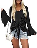 LUYEESS Women's Black V Neck Blouse Long Bell