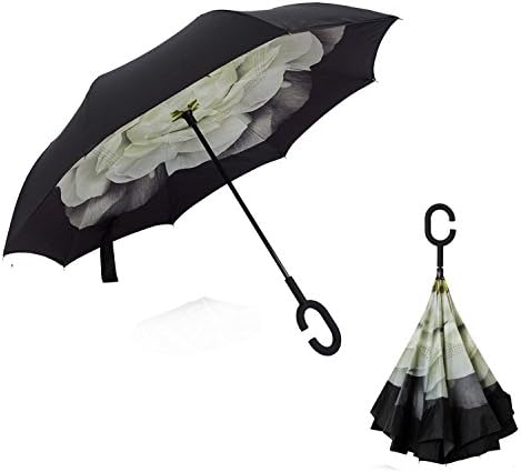 Lepapillon Double Layer Reverse Umbrella UV and Windproof Protection Inverted Umbrella for Car and Outdoor Traveling Self Standing with C-Shaped Handle and Carrying Bag (Gardenia)