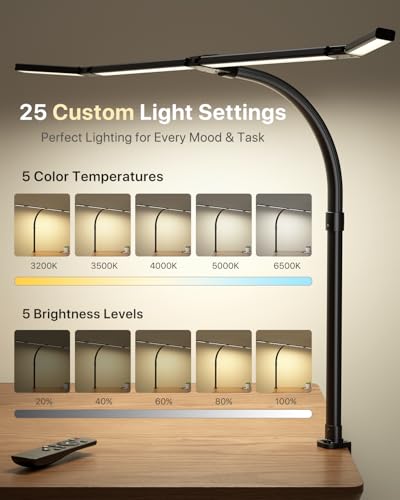 ONEMIX 42" LED Desk Lamp with Clamp, Architect Desk Light with Remote, Adjustable 4-Segment Bar, 1800LM Bright, Eye-Caring Desk Lamp for Home Office, Reading, Study, Dual Monitors, Workbench (Black)