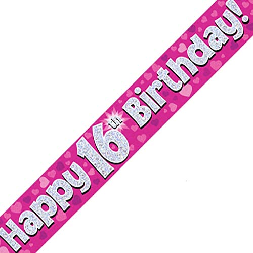 British Ballet® 16th Happy Birthday Banner Pink (2.7m x 13cm) • Sweet 16 Foil Pennant • Holographic Glitter Foil Party Decoration • 3 x 90cm Banners • Pink Birthday Banner for Girls