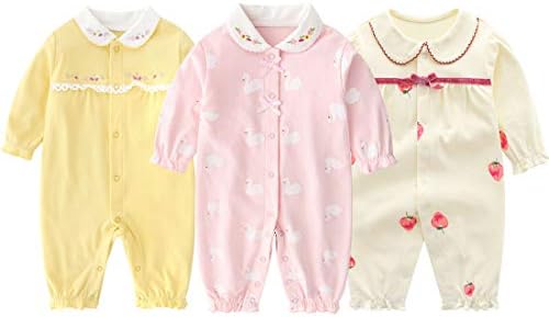 ベビー服 長袖カバーオール 3枚セット 綿100 新生児服 前開きタイプ 新生児 女の子