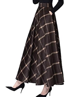 Femirah Women's Wool Maxi Skirt A-Line Pleated Vintage Plaid Winter Swing Skirts