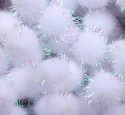 YYCRAFT 200pcs Glitter Tinsel Pom Poms Sparkle Balls for DIY Craft/Party Decoration/Cat Toys(20mm,White)
