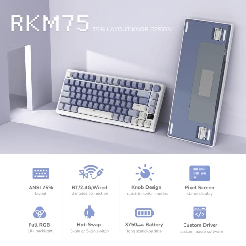 RK ROYAL KLUDGE M75 Mechanical Keyboard with OLED Smart Display and Volume Knob, 2.4G/USB-C/BT Gasket Mounted 75% Layout Wireless Gaming Keyboard with 81 Keys, RGB Backlit Hot-Swap Fast Silver Switch