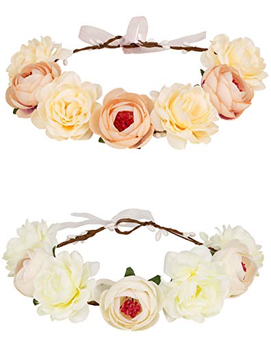 Thunaraz Women Boho Floral Crown Hair Wreath Flower Headband with Adjustable Ribbon Halo Festival Wedding Party