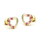 14k Gold Plated Brass Red Open Heart Cubic Zirconia Screwback Girls Earrings with Silver Post
