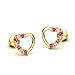 14k Gold Plated Brass Red Open Heart Cubic Zirconia Screwback Girls Earrings with Silver Post