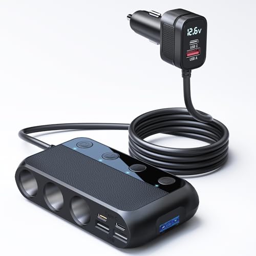 USB-C PD 30W USB QC3.0 Car Charger, 9 in 1 148W Car Charger Cigarette Lighter 12V/24V with 3 Sockets & 6 Ports with LED Display for iPhone Dash Cam