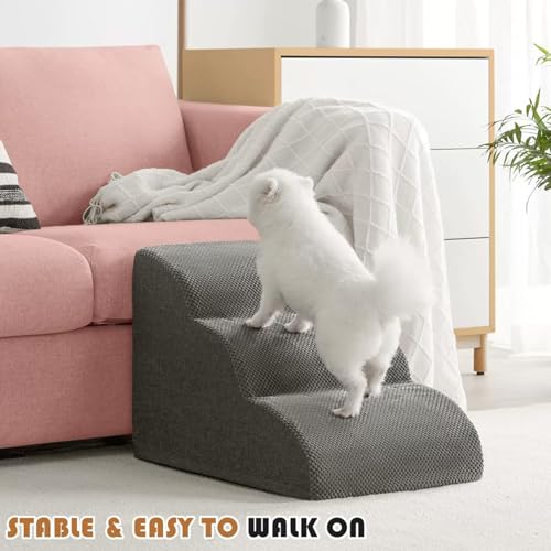 Beauenty Dog Stairs Ramp for Beds Couches, 19.7” H Extra Wide 4-Step Pet Steps for Small Dogs and Cats, Non-Slip Waterproof Fabric Cover, Stable and Balanced Indoor Step, Grey (4-Step)