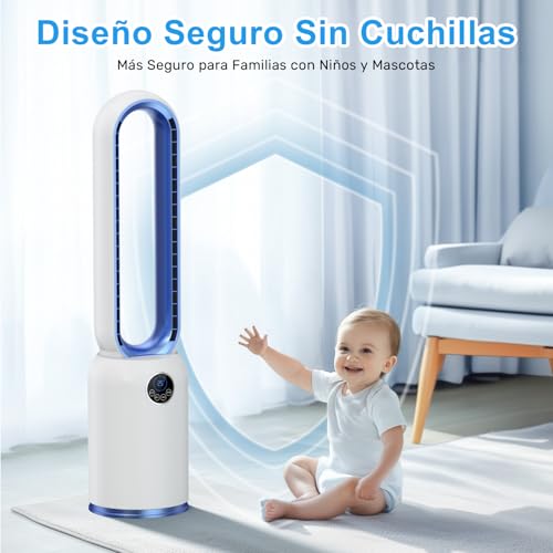 Bladeless Fan, Column Bladeless Floor Fan with Remote, 24 Speeds Silent Tower Fan 90° Oscillating, Touch Screen LED Display, 12H Timer, Brushless DC Pedestal Fan for Bedroom, Office (Blue)