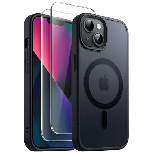JETech 3 in 1 Magnetic Cover for iPhone 13 6.1 Inches with 2 Pack Tempered Glass Screen Protector, MagSafe Compatible, Translucent Matte Retro Case (Black)