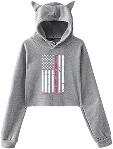 HYJDZKJY Womens Girls Cat Ear Pullover Hoodie Breast Cancer Awareness Flag Crop Top Sweatshirts