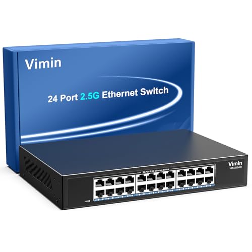 2.5G Unmanaged Switch, Vimin 24 Ports 2.5GB Base-T Ethernet Switch, 2.5GB Network Switch Plug & Play, Compatible with 10/100/1000/2500Mbps, Metal Housing, Fanless, for 2.5Gbps NAS, Wireless AP