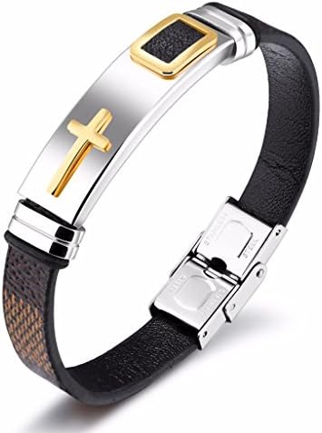JRUI Jewelry Men's Stainless Steel Religious Brown PU Leather Cross Bracelet Lord's Prayer Bracelet