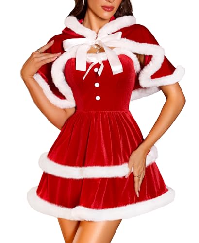 RSLOVE Christmas Outfits for Women - Sexy Christmas Dress with Cape 2Pcs Velvet Santa Costume Xmas Babydoll Furry