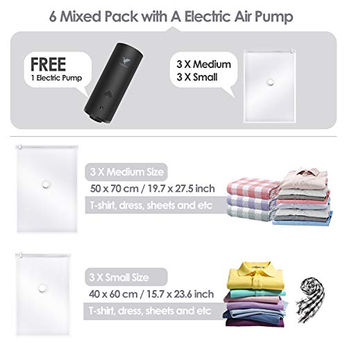 Vacbird Vacuum Storage Bags with Electric Pump, 6 Pack (3 x Small, 4 x Medium) Space Saver Bags Travel and Home Use Vacuum Compression Storage Bags